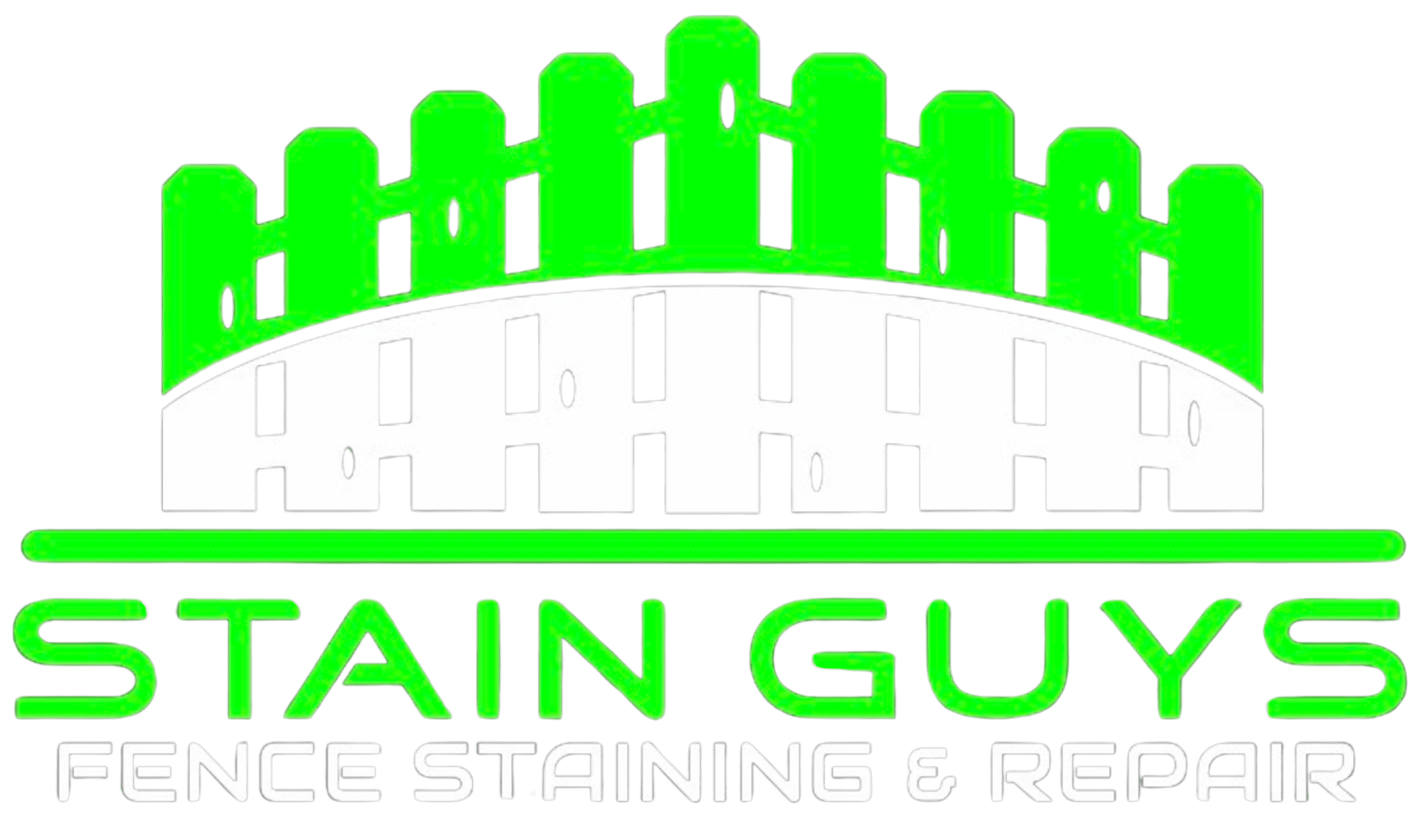 Logo with text "Stain Guys" in green. Above is a stylized fence graphic in white and green. Below is text "Fence & Deck Staining" in white.